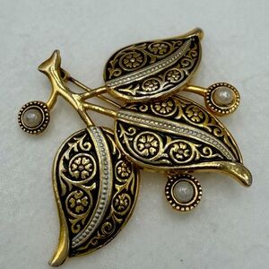 Vintage Damascene Triple Leaf  Brooch